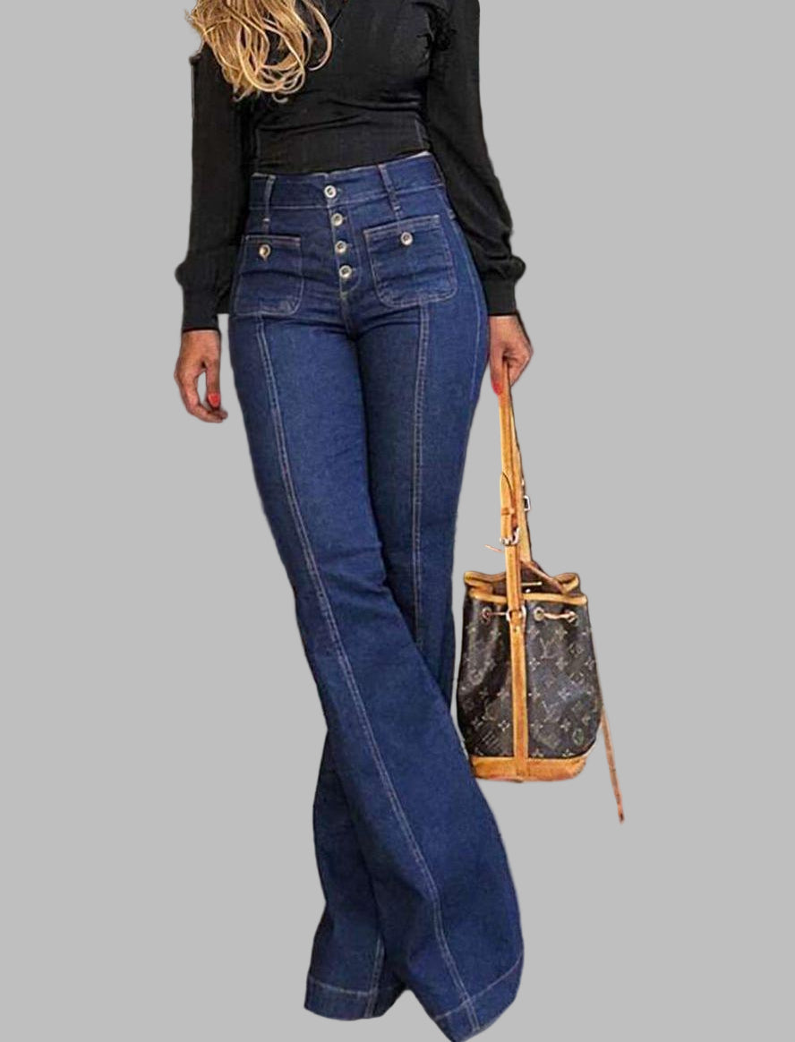 Stylish High-Waisted Patchwork Flared Jeans