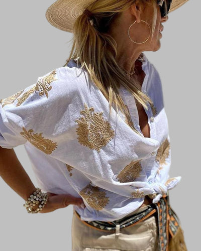 SALMA - Casual embroidered cotton and linen shirt