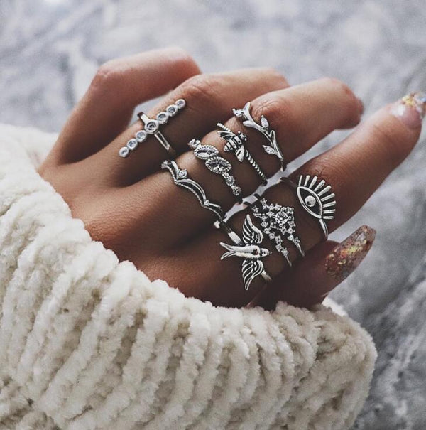 Bee Bird Crown Devil's Eye Ring Set