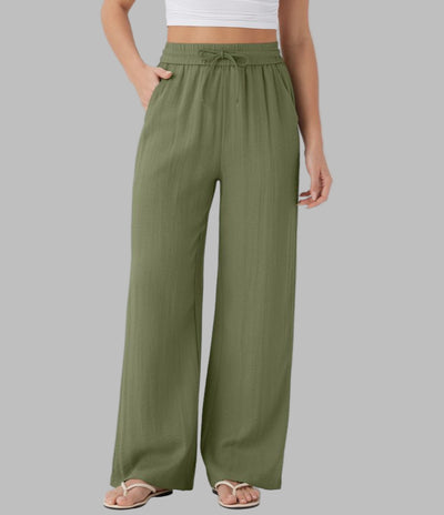 High Waisted Drawstring Pocket Wide Leg Casual Linen-Feel Pants