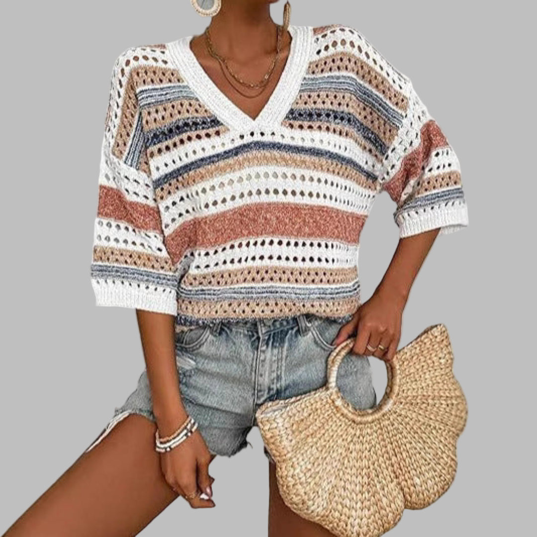 KELISE™ – Casual Striped Crochet V-Neck Summer Top