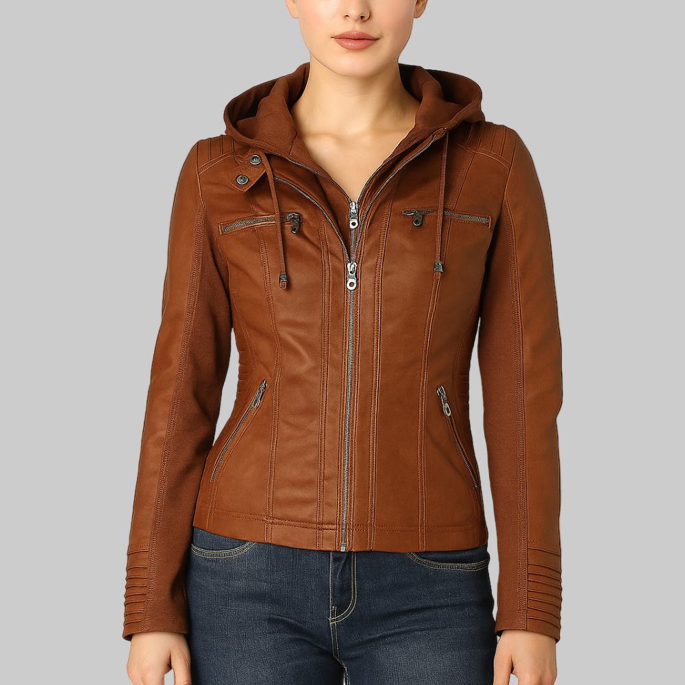 Tia | Modern leather jacket with hood