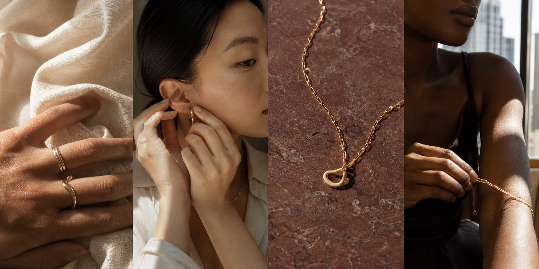 Four editorial views of understated jewelry worn in warm natural light