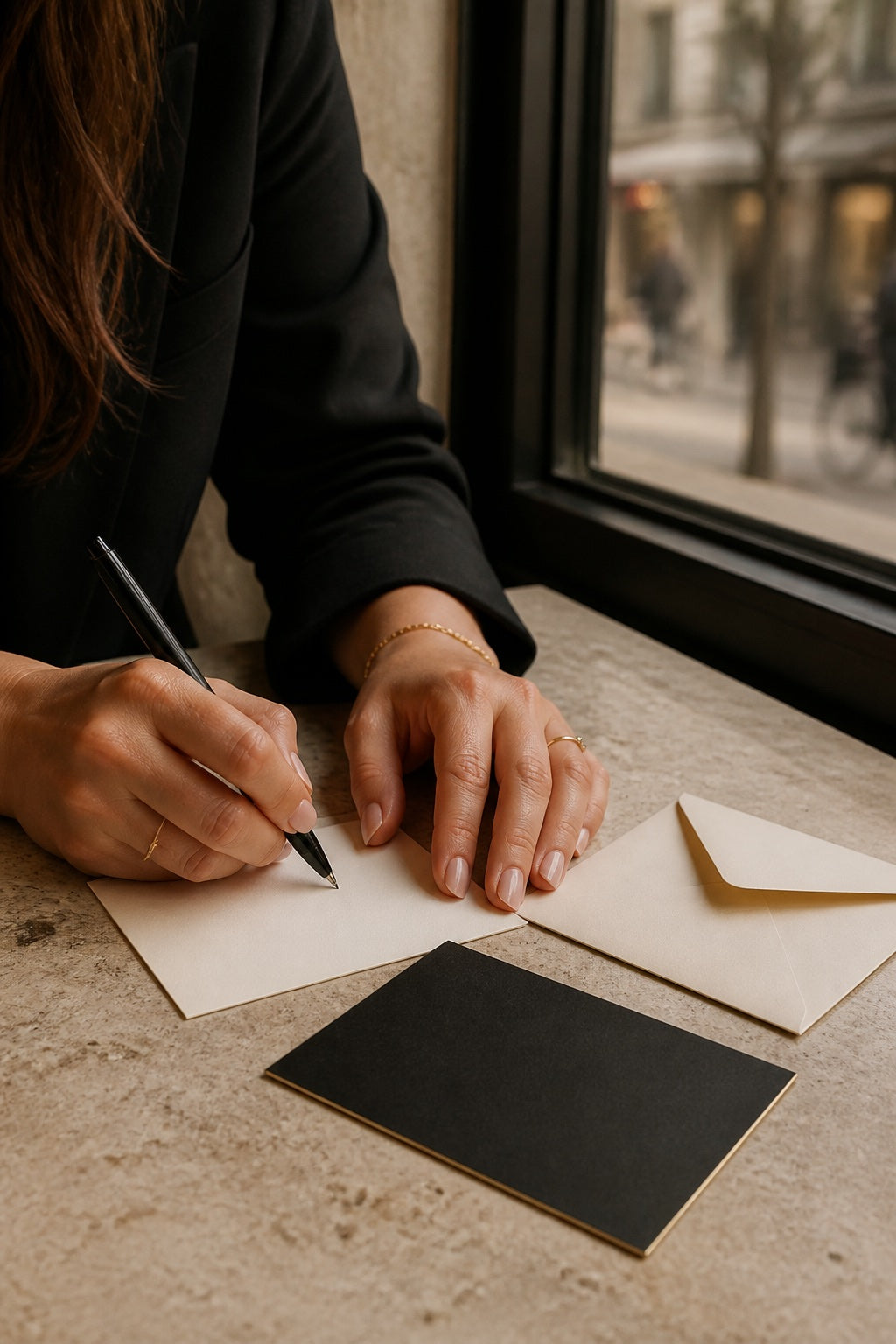 Woman writing a personal note beside a black gift card and cream envelope