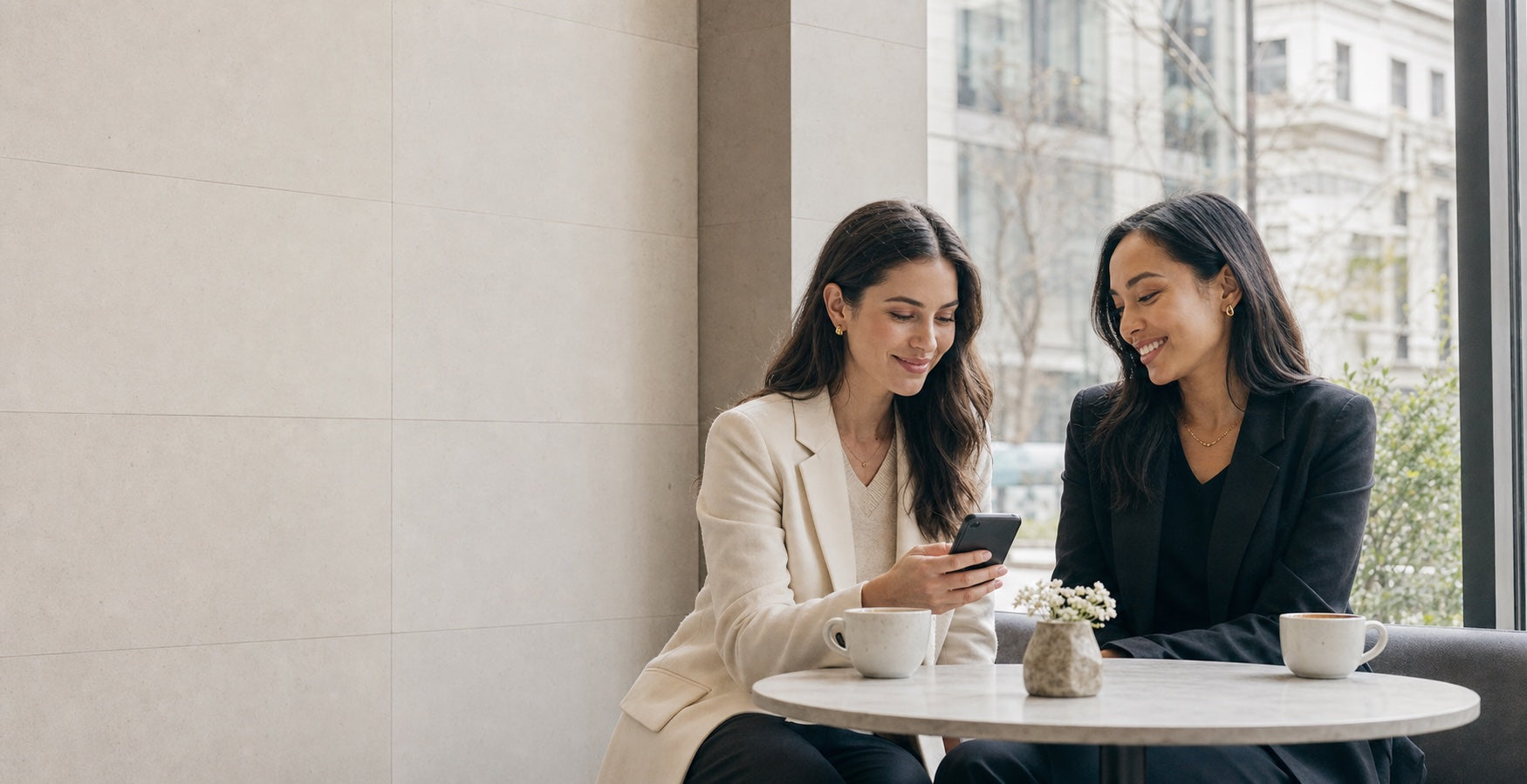 Two women sharing a warm gifting moment beside a bright Toronto café window