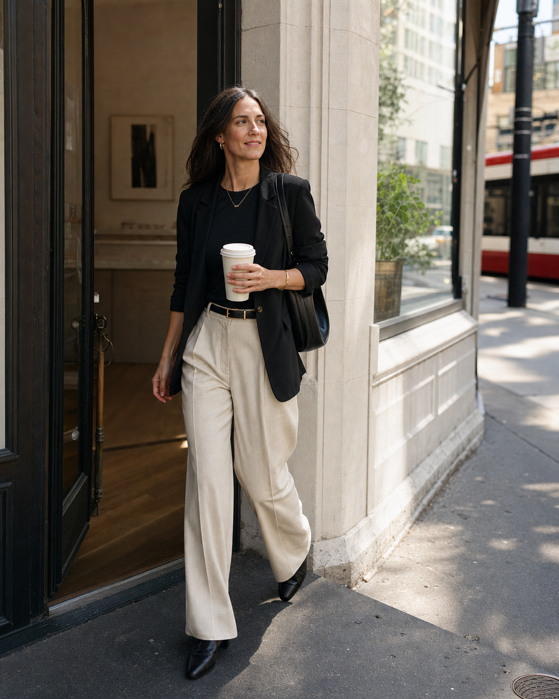 Woman wearing understated gold jewelry stepping onto a bright Toronto street