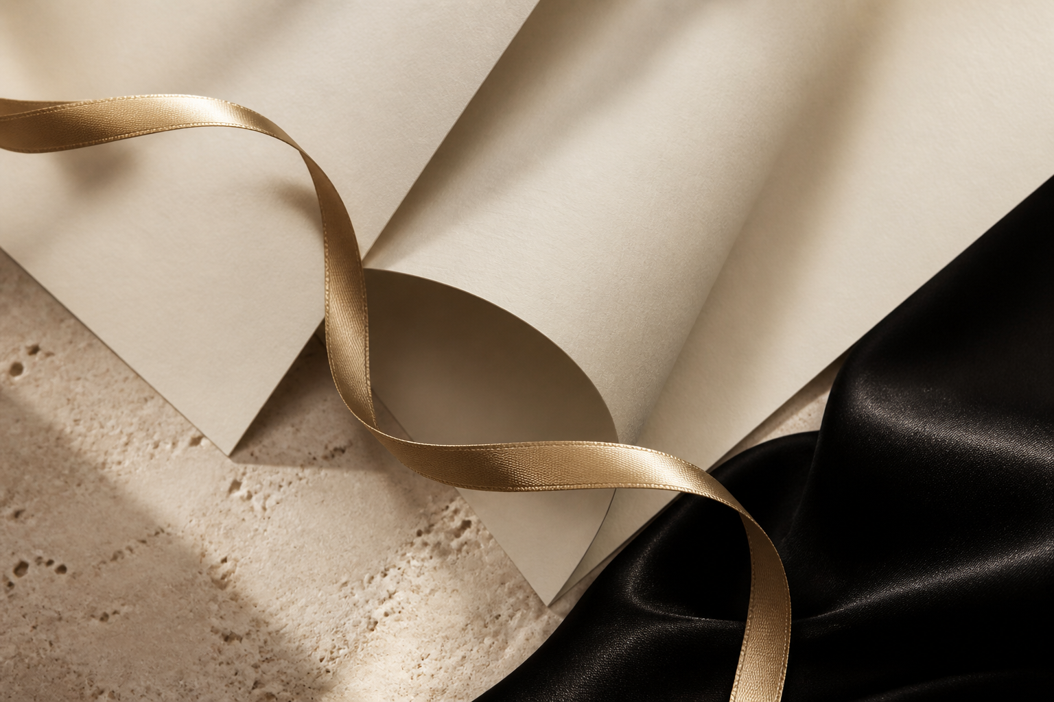 Sculptural cream paper, black fabric and gold ribbon arranged for gifting
